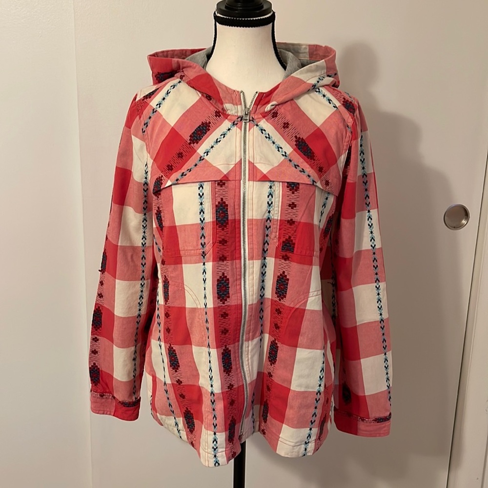 Wool rich Organic Cotton Jacket Medium Southwest Red Plaid Embroidered Print EUC